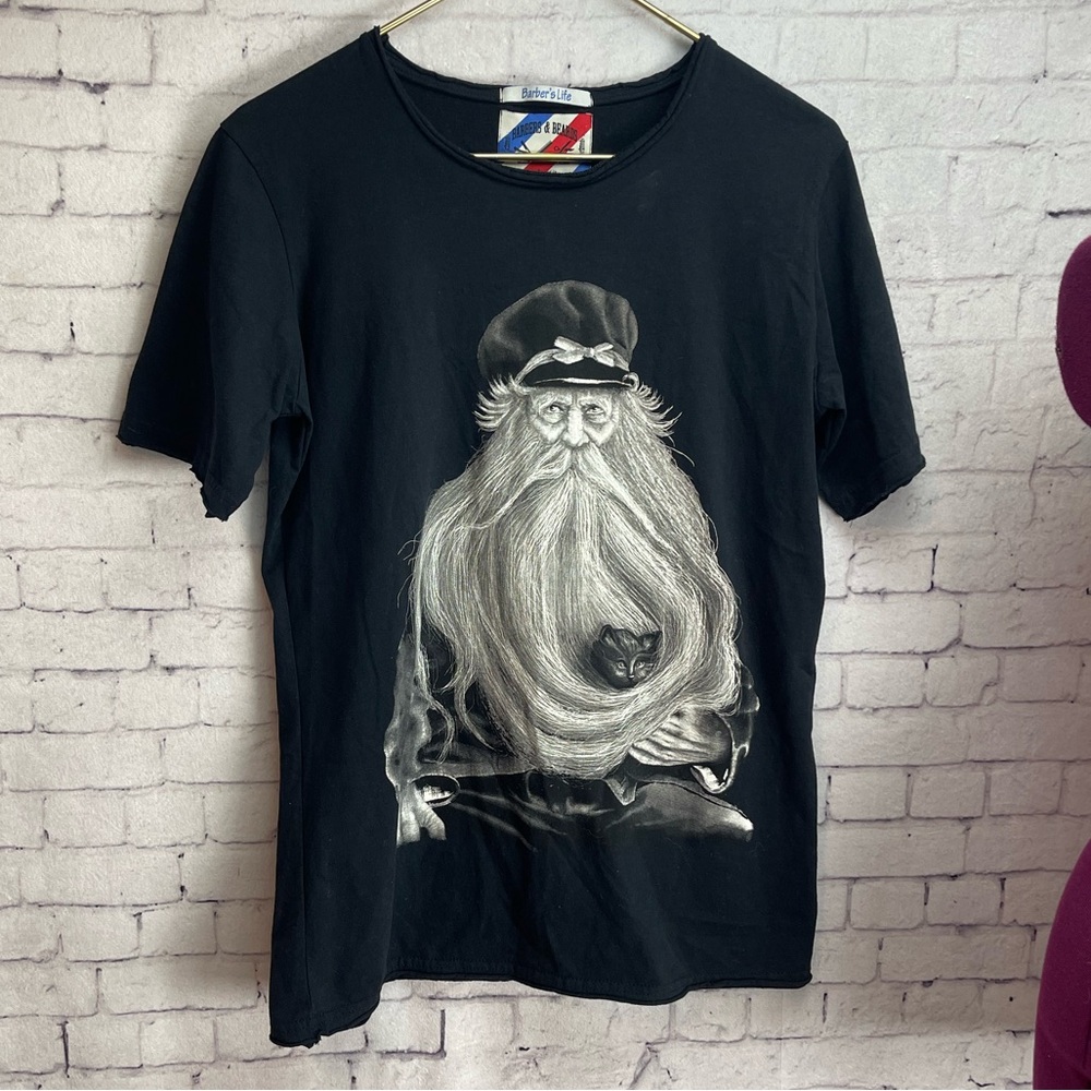 Barbers life size small black short sleeve tshirt with bearded man and cat